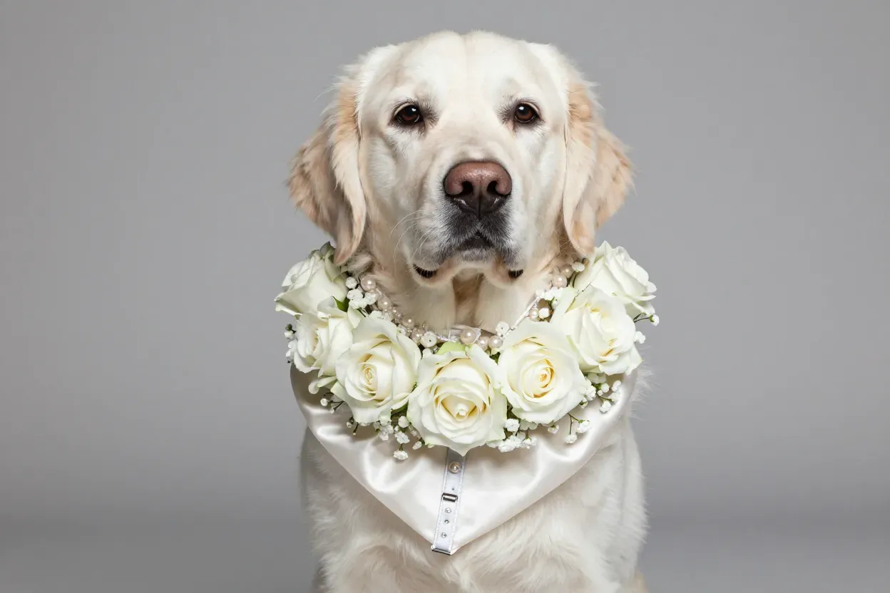 Classic white rose flower collar on dog elegant wedding accessory