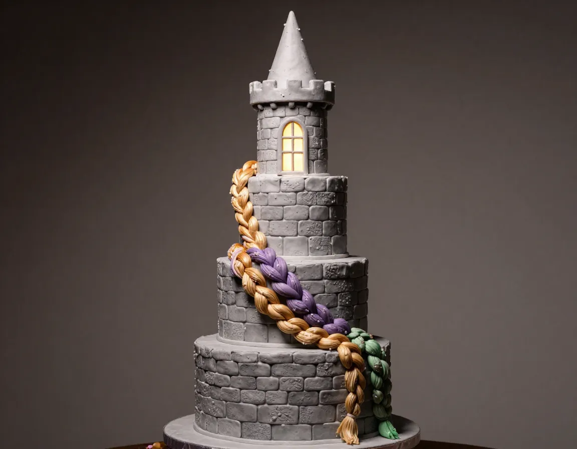 The enchanted tower multi tiered stone textured fondant wedding cake