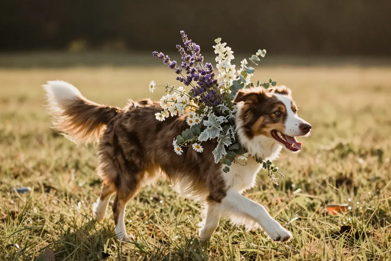 Bohemian wildflower dog collar in outdoor meadow sunlit