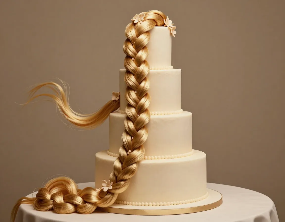 Rapunzels braided hair cascade golden fondant braids wedding cake