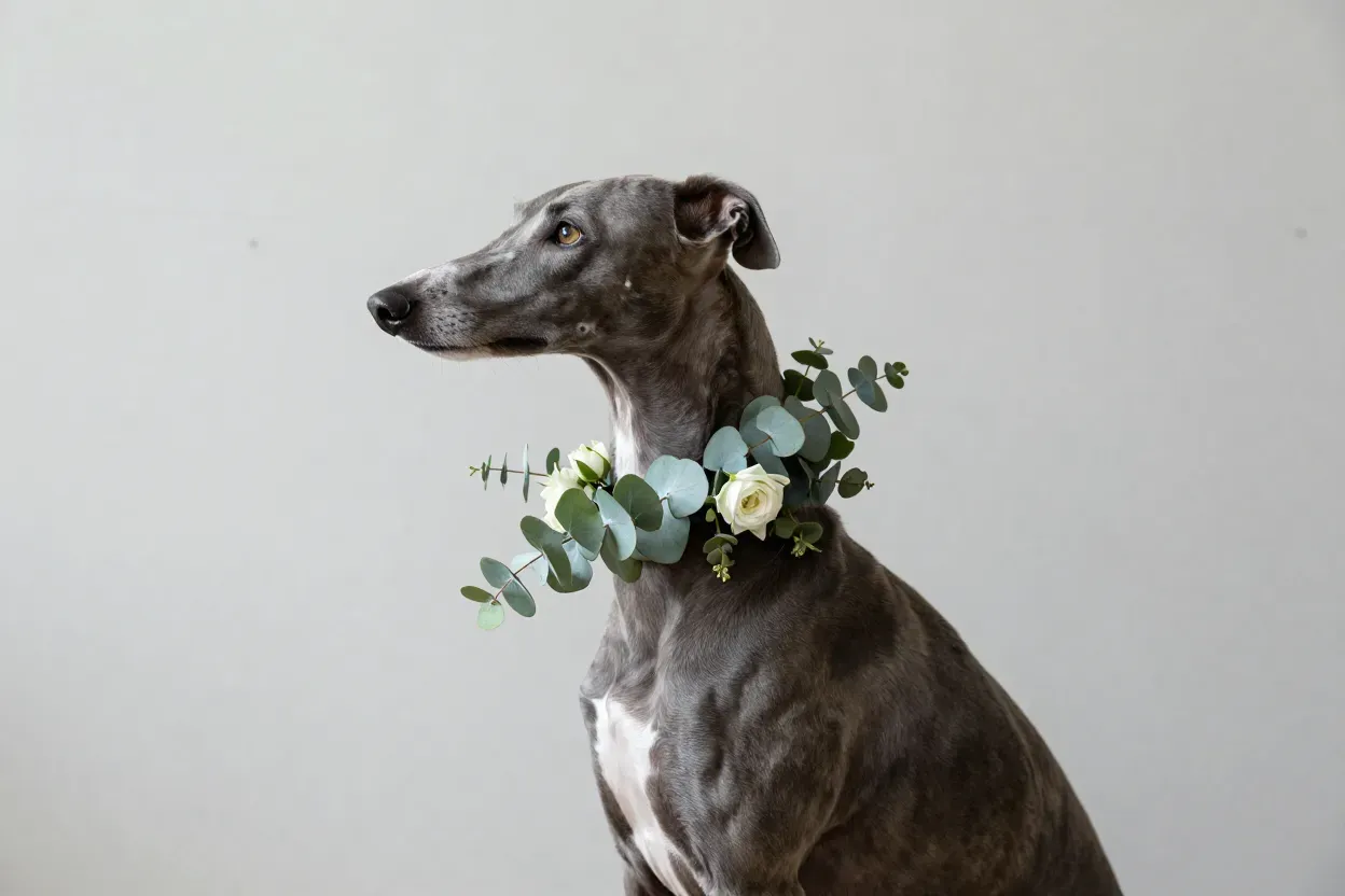 Minimalist eucalyptus collar on sleek greyhound modern