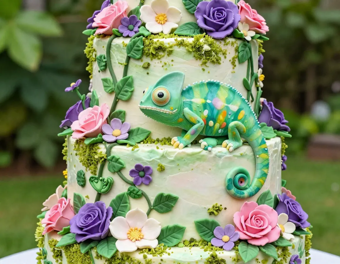 Pascals garden party cake with sugar flowers and fondant chameleon