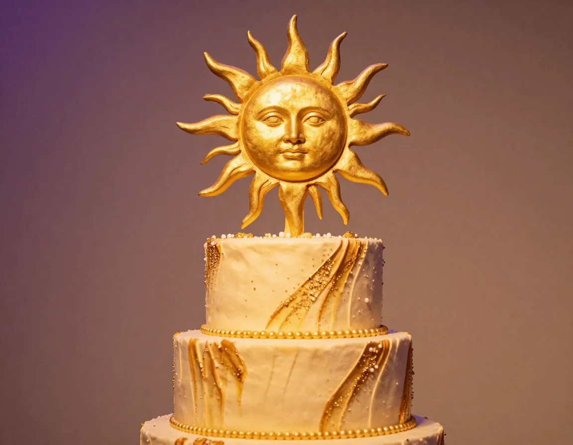 The royal sun symbol cake with golden sun motif and metallic accents