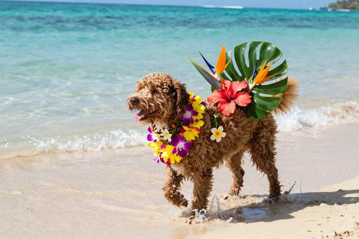 Tropical flower collar on retriever at beach vibrant