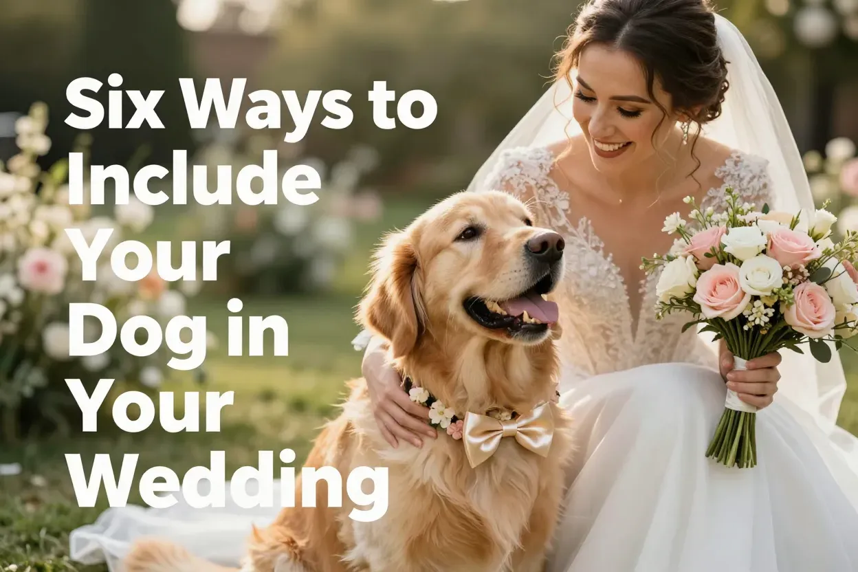 Bride golden retriever floral collar wedding day joyful embrace