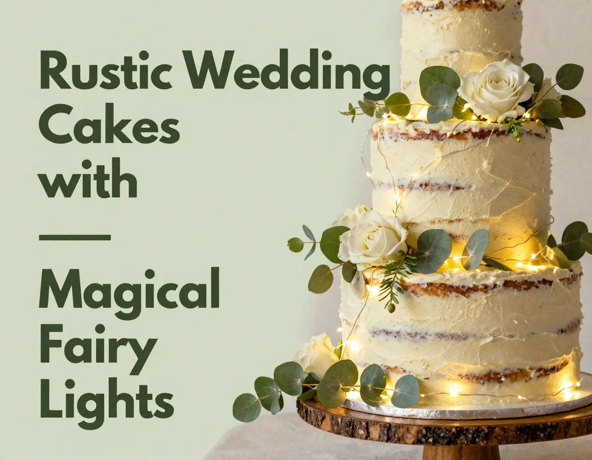 Detail of rustic wedding cake with fairy lights and greenery