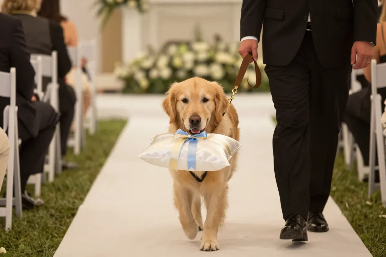 Trained golden retriever carries ring pillow down wedding aisle