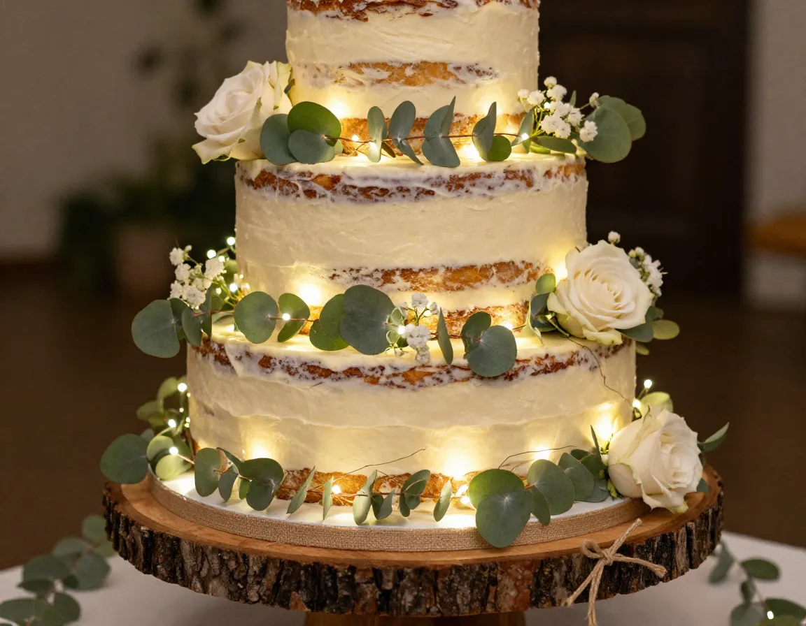Woodland wonderland three tier naked cake eucalyptus fairy lights wood stand