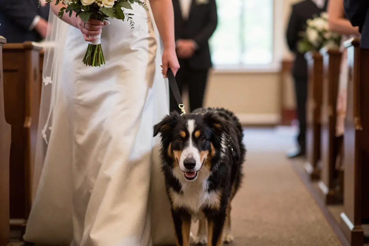 Bride holds leash her dog escorting her down aisle