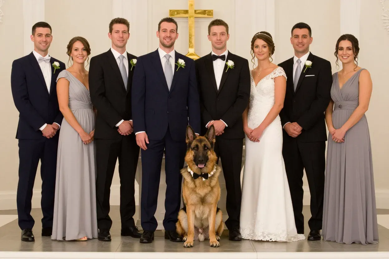 Wedding party group photo dog wearing bowtie altar