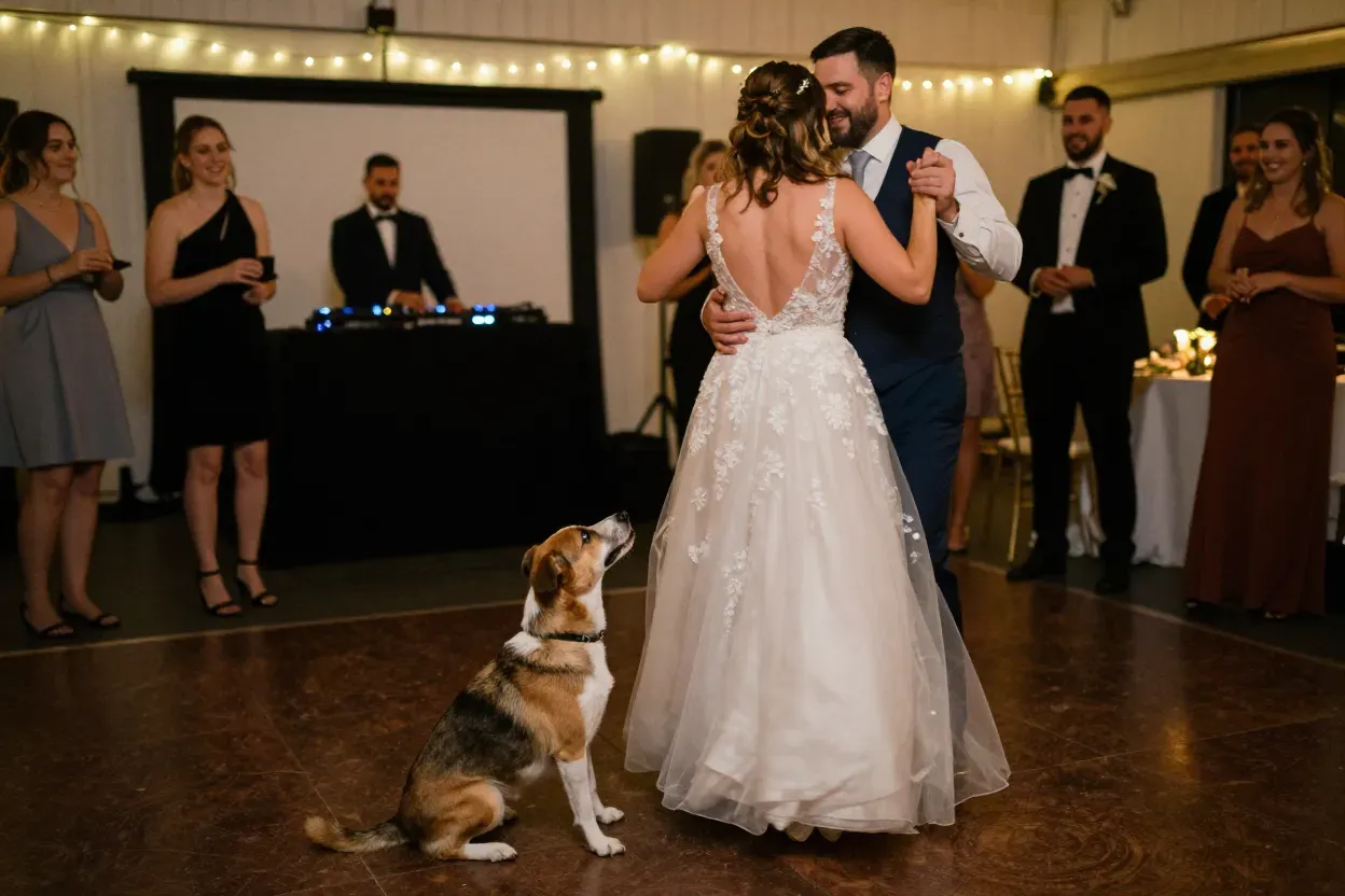 Couple first dance dog sitting attentively their feet