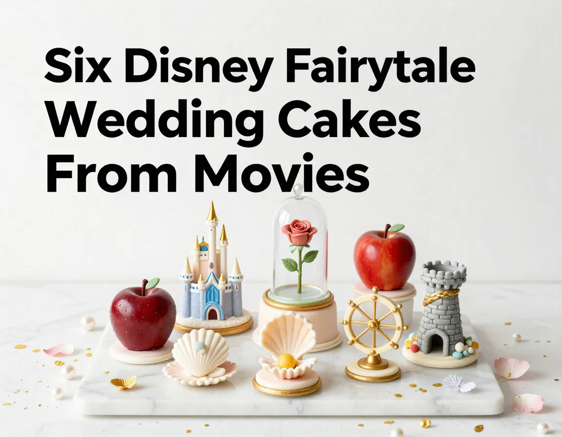 Six disney fairytale wedding cake toppers flatlay on marble