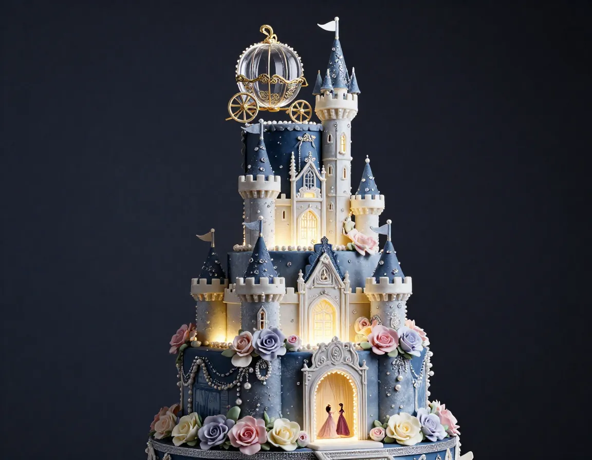Stunning multi tier cinderella castle cake with glass slipper glow