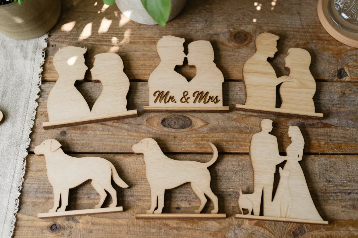 Rustic laser cut wooden pet couple silhouettes with engraving
