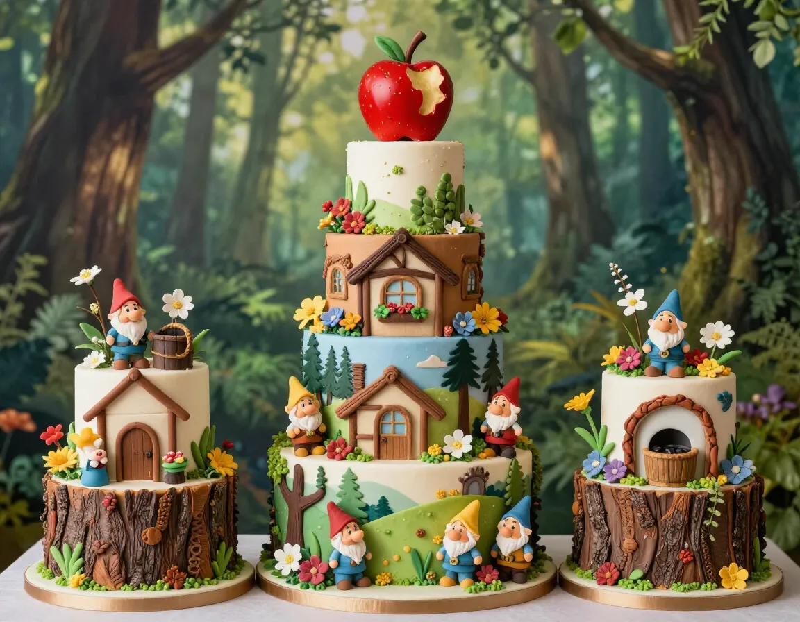 Snow white wedding cake with bitten apple cottage
