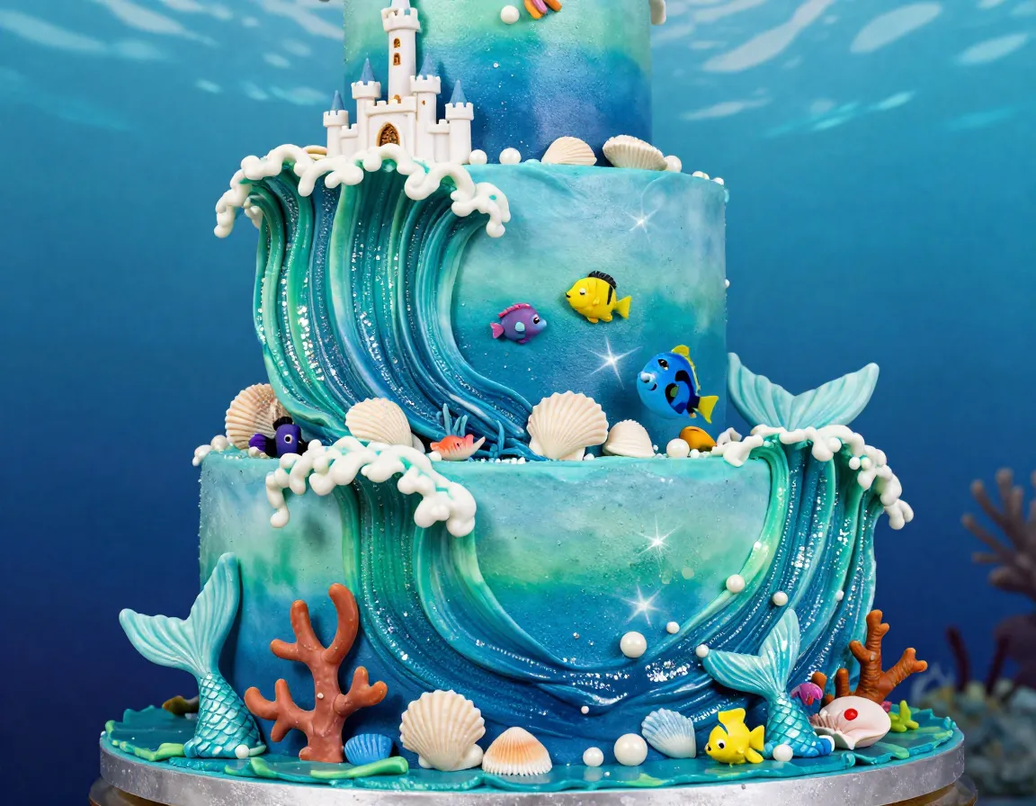 Little mermaid cake with coral waves seashells