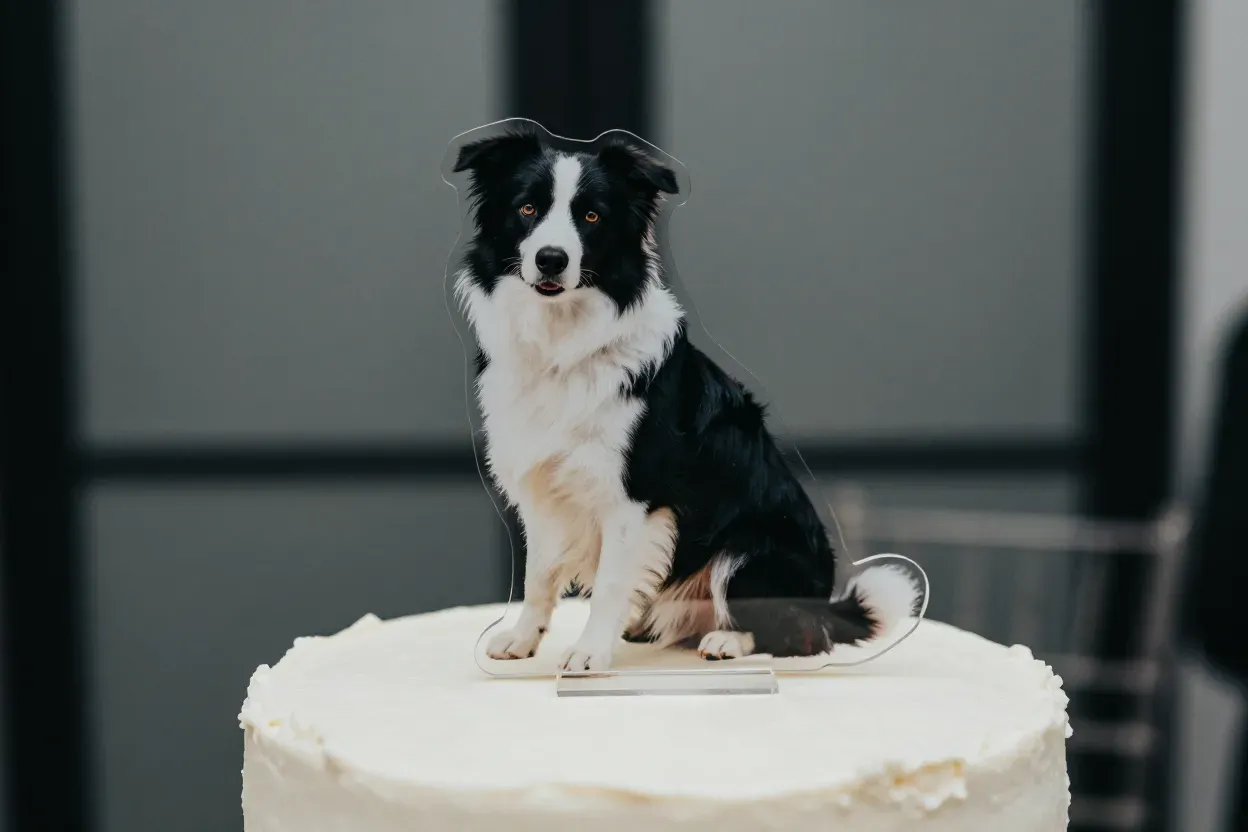Modern cake with clear acrylic photo standee of a border collie