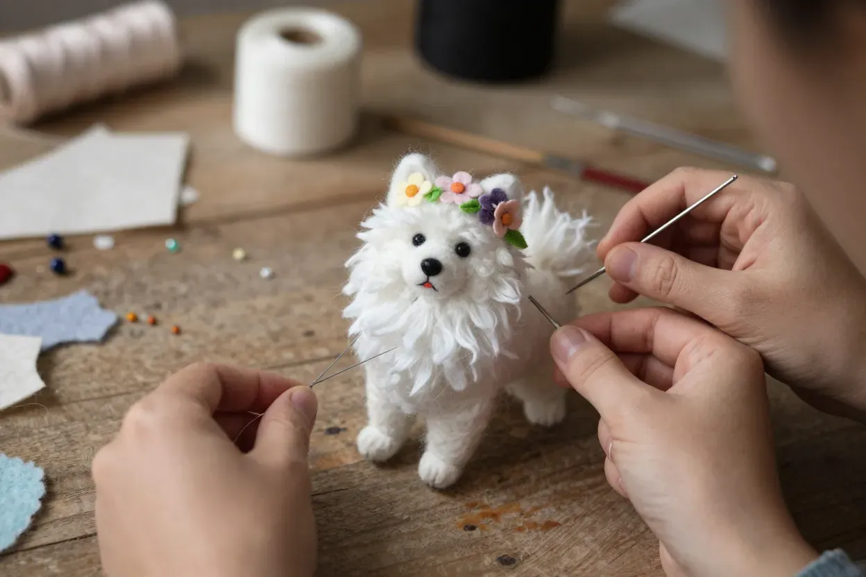 Artisans hands holding needle felted dog with flower crown