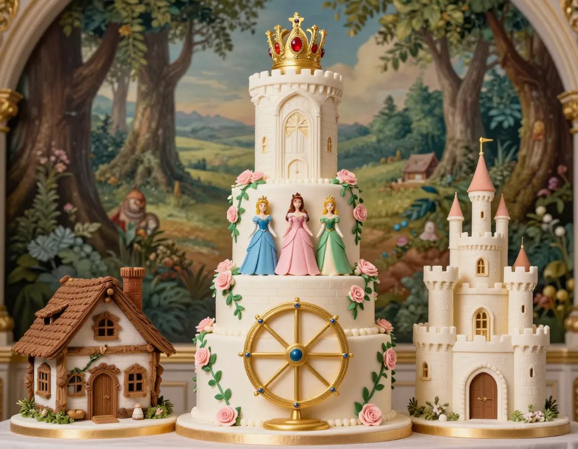 Sleeping beauty cake with spinning wheel crown