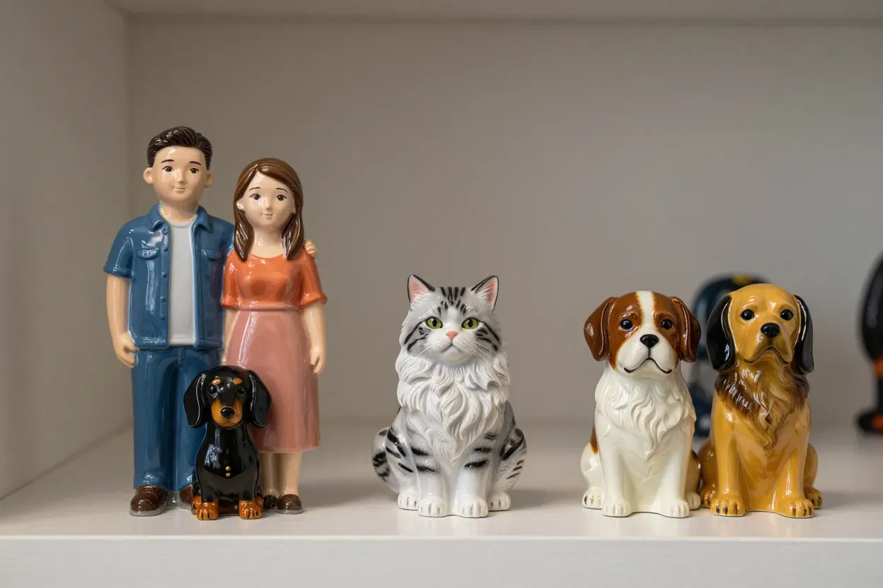 Glossy resin cast painted figurines of pets and couple