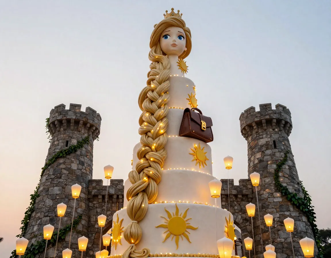 Tangled wedding cake with braided hair floating lanterns