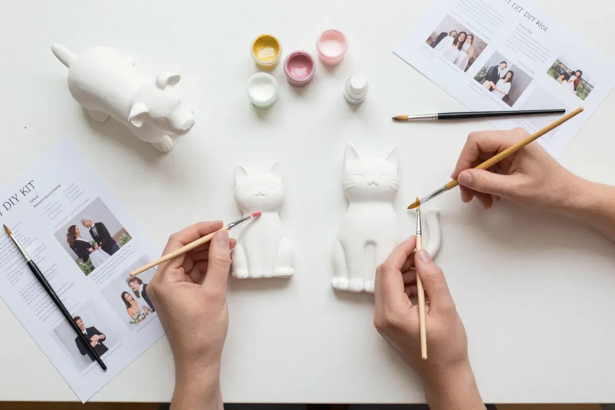 Diy wedding pet topper kit with paints and unpainted figurines