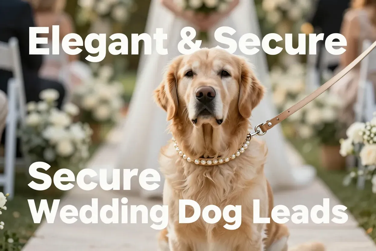 Golden retriever with pearl leash at wedding ceremony setting