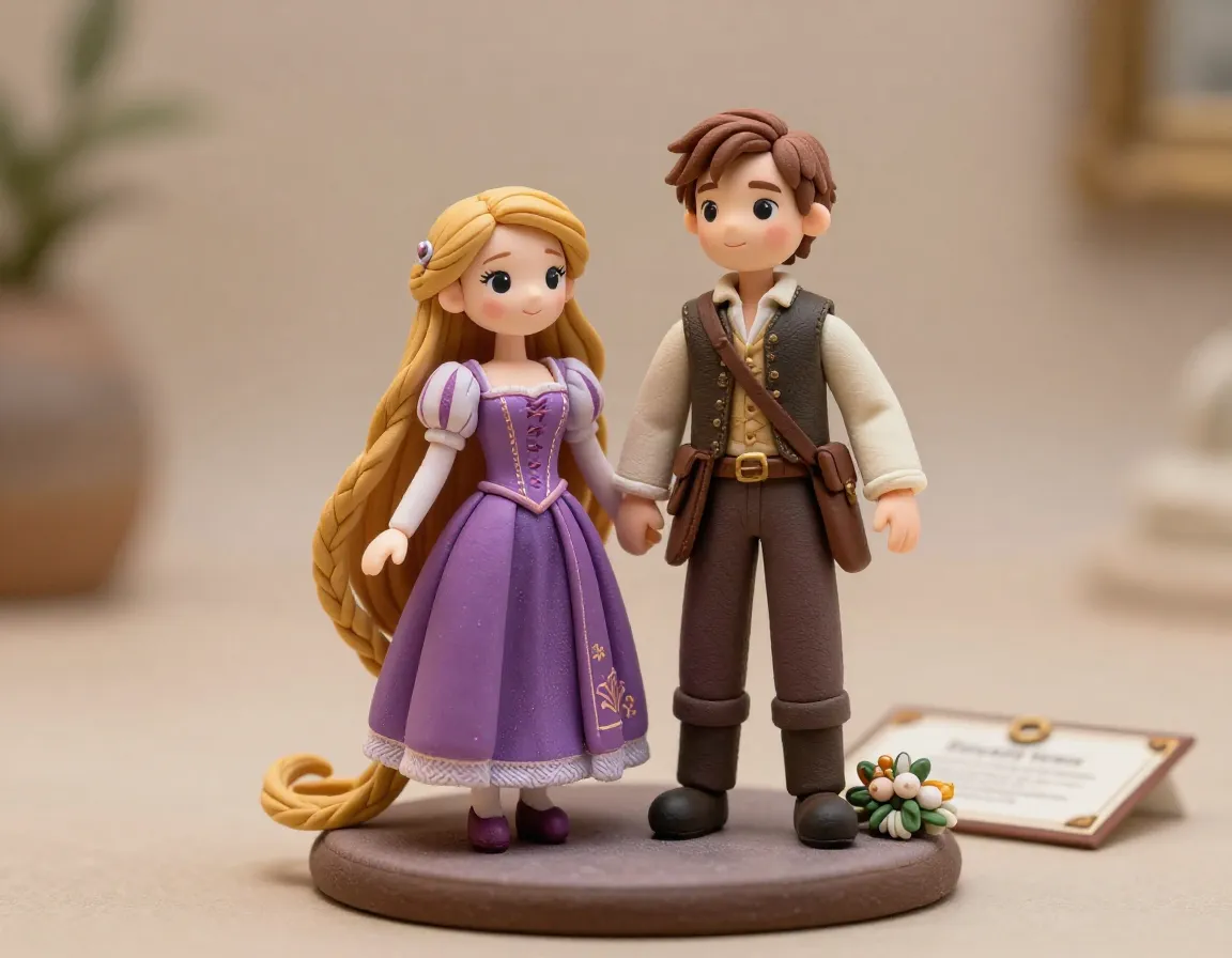 Handcrafted rapunzel flynn figurines with braided hair fabric details