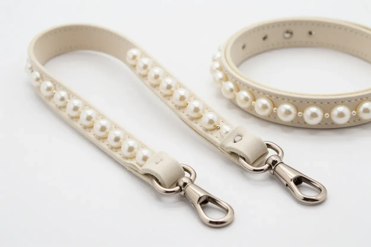 Pearl adorned italian leather dog leash with safety clip