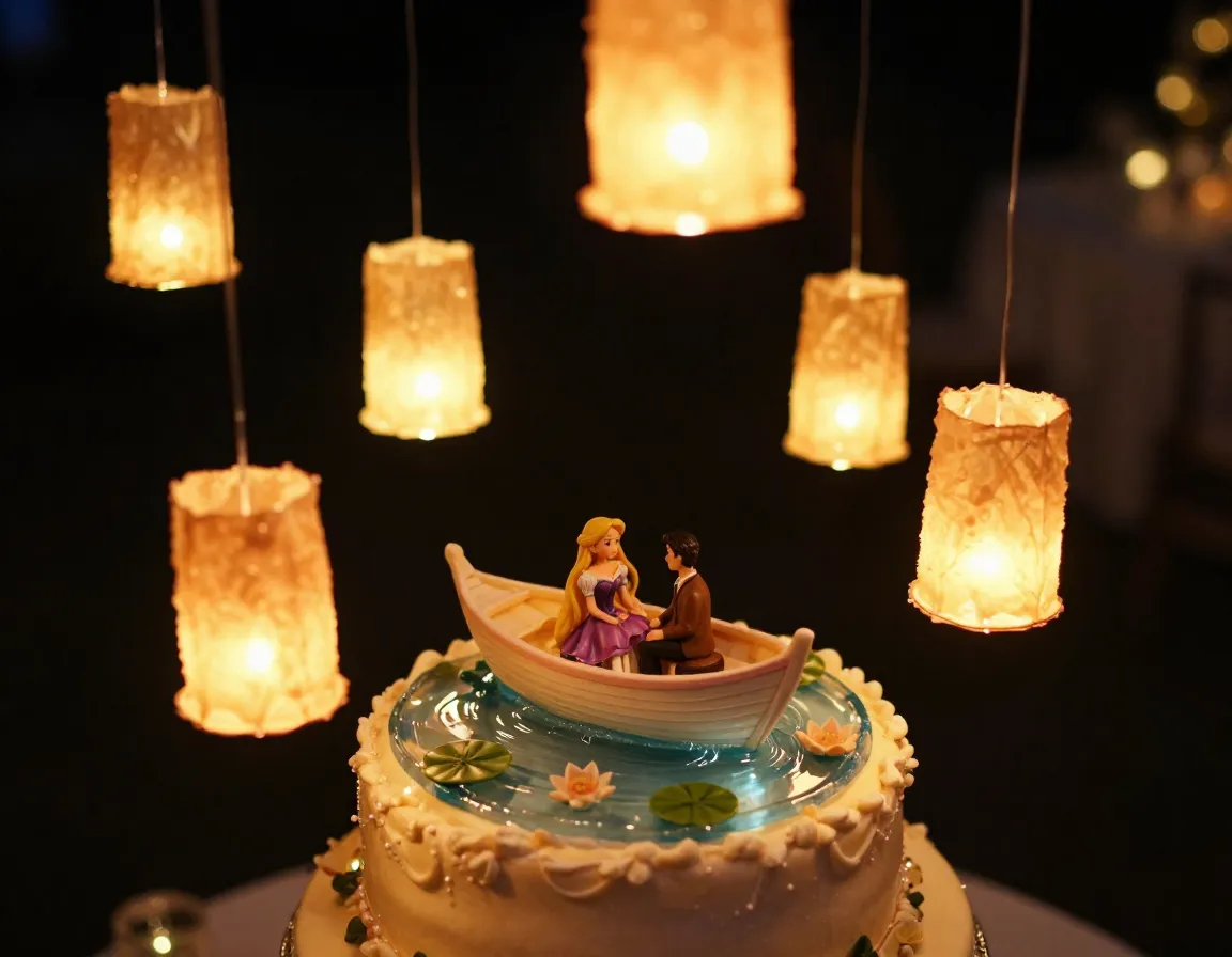 Boat scene with glowing floating lanterns on wedding cake
