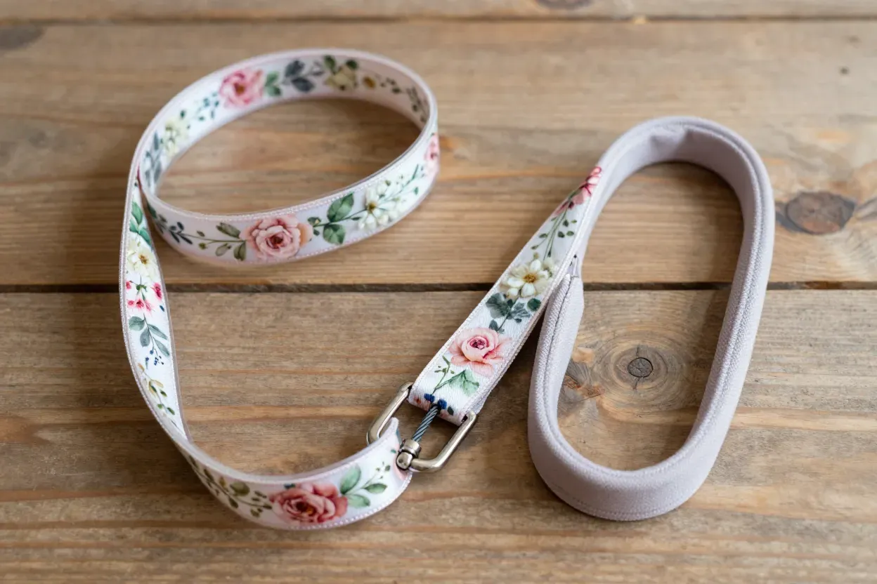 Floral silk ribbon leash revealing hidden steel core