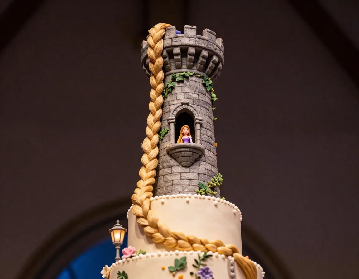 Rapunzels tower with braided hair cascading down cake
