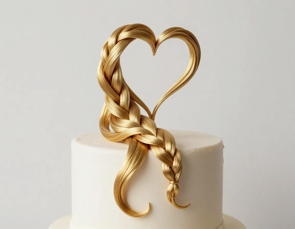 Sculptural golden braided hair art piece on cake