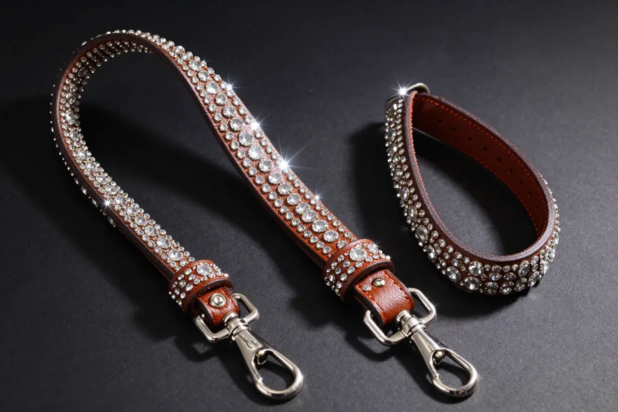 Rhinestone studded leather lead with comfort grip handle