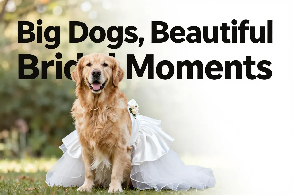 Large golden retriever wearing elegant wedding dress in garden