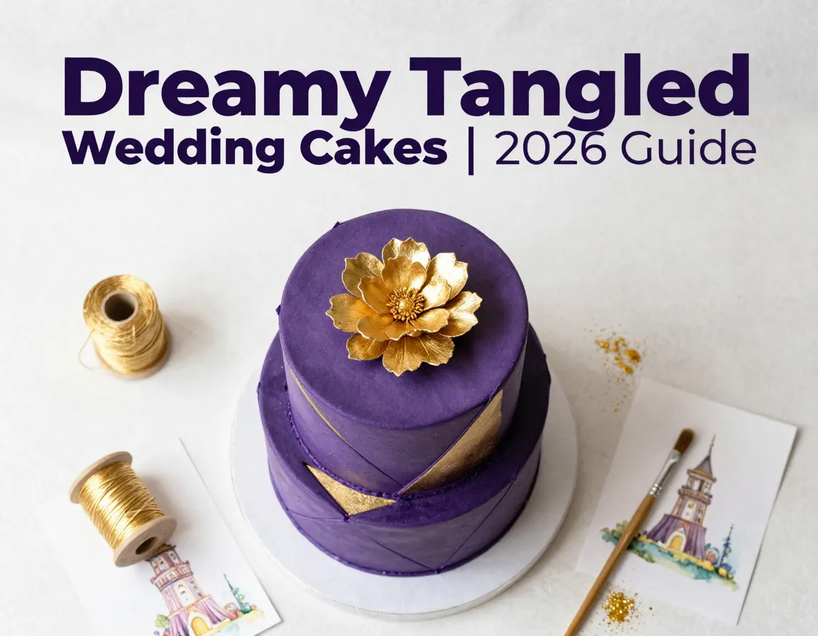 Modern geometric purple gold tangled wedding cake styled flat lay