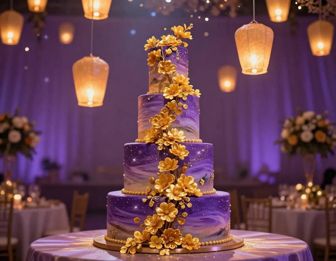 Three tier purple cake with floating lanterns and golden cascade