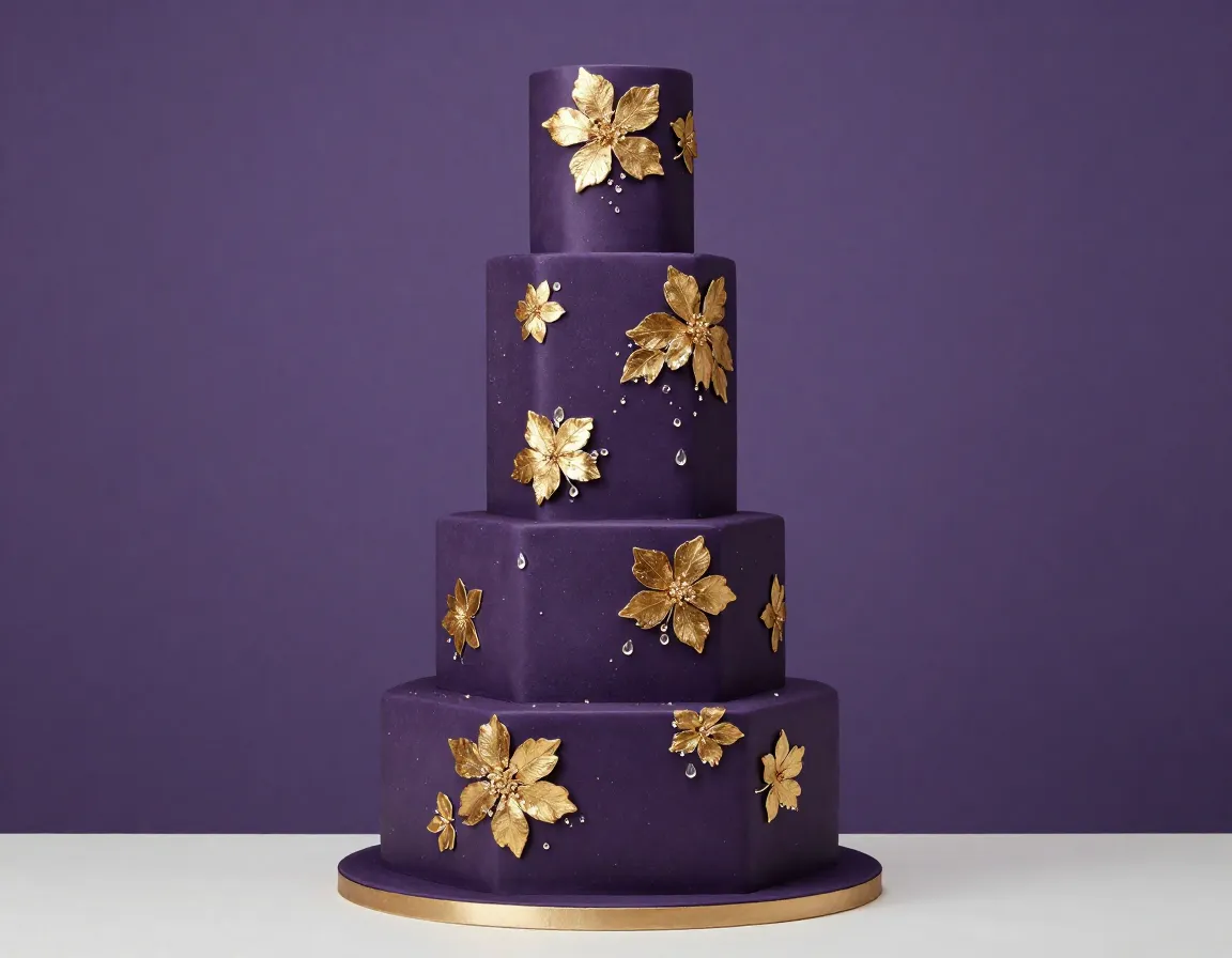 Five tier hexagonal purple cake with gold leaf flowers
