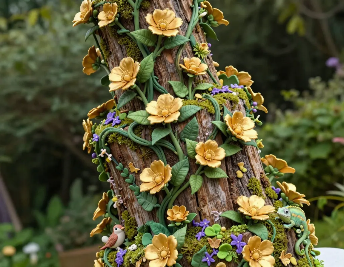 Asymmetrical garden tower cake with blooming golden flowers