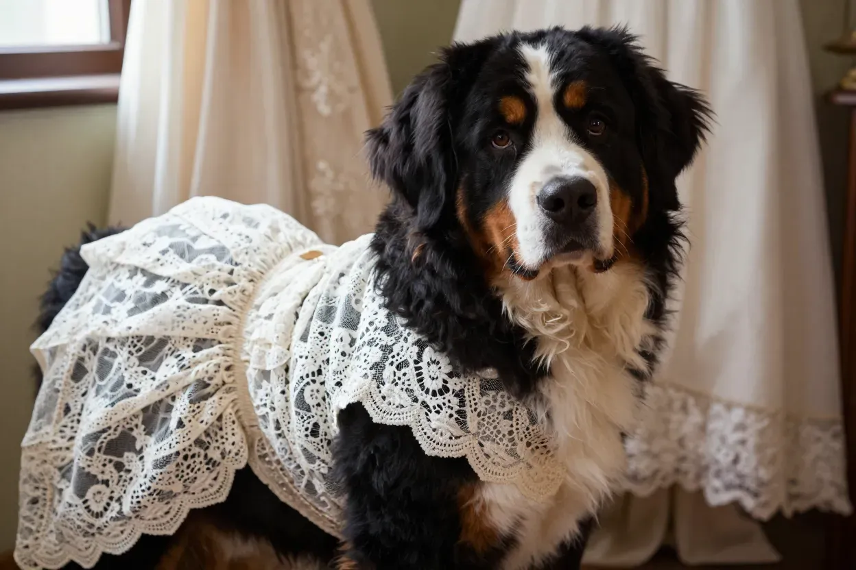 Vintage lace ensemble bernese mountain dog portrait