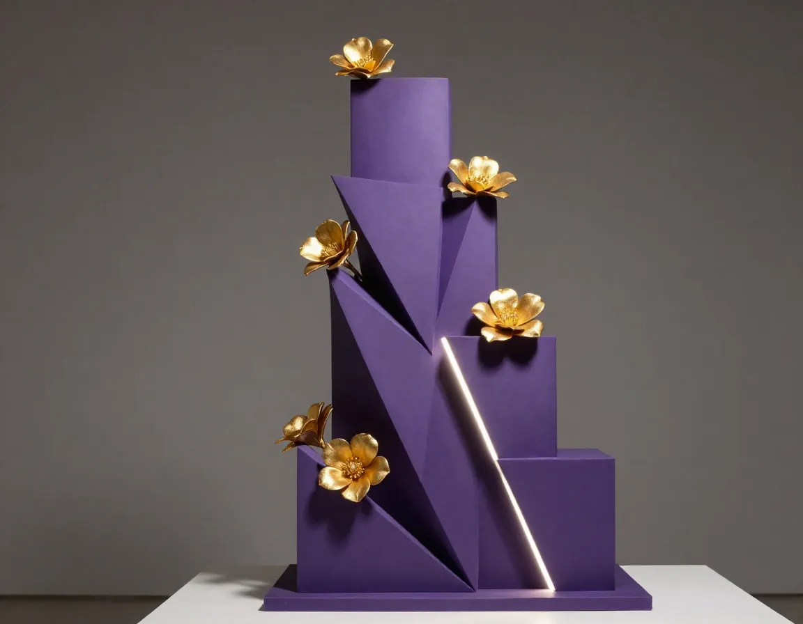 Geometric angular purple cake with golden flower focal points