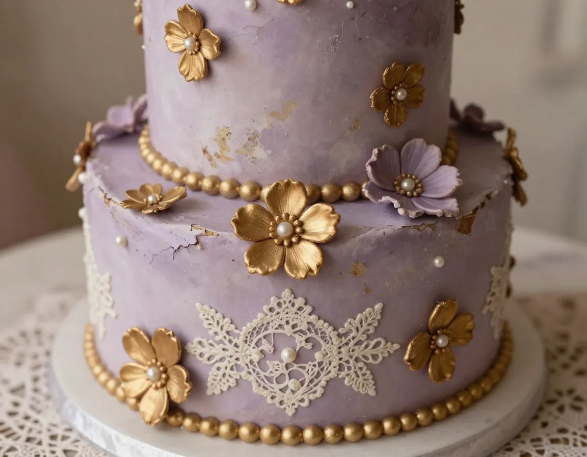 Vintage distressed tower cake with antique gold flowers