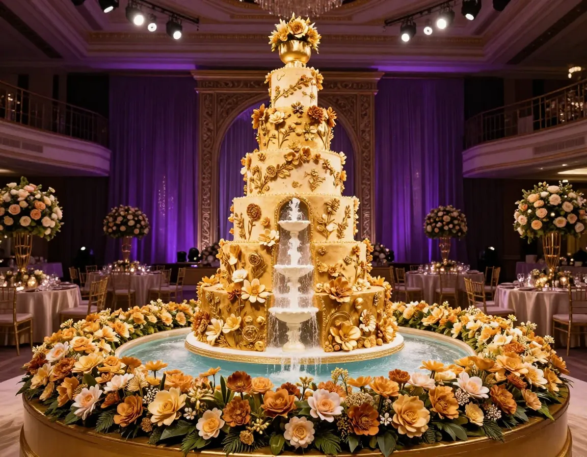 Seven tier grand celebration cake with golden flower garden