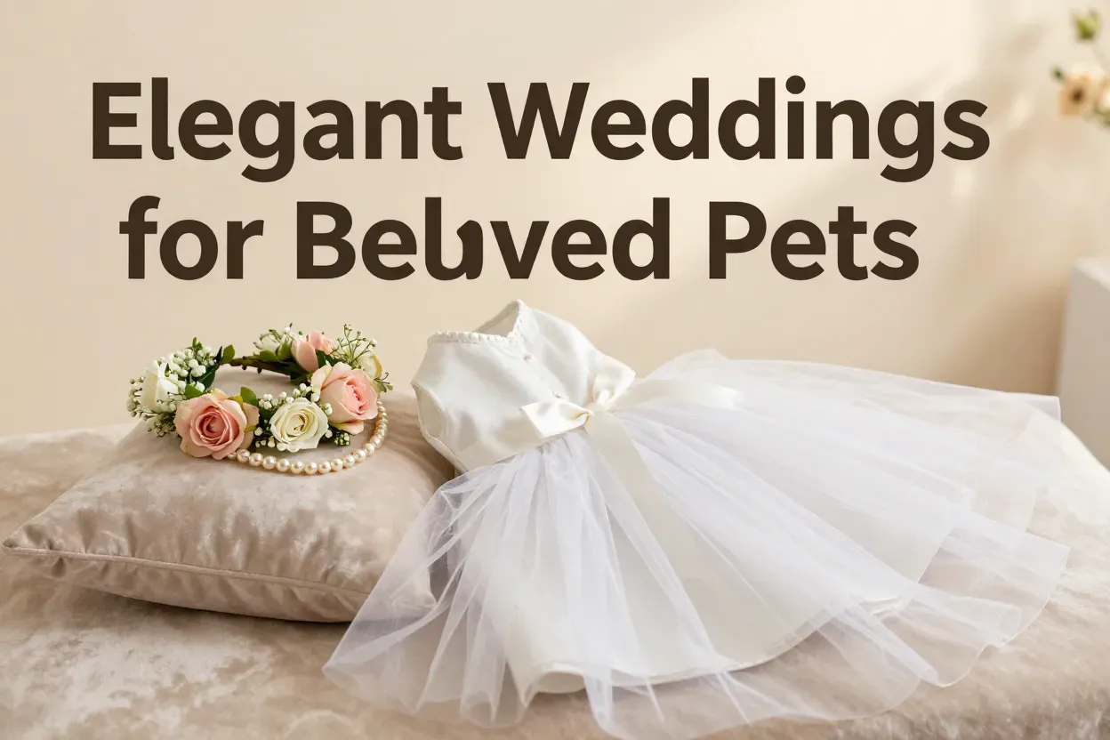 Chic white tulle dog dress with pearls and floral crown on velvet