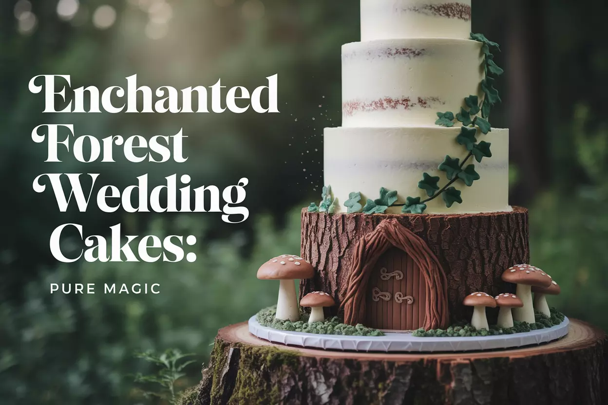 Ethereal wedding cake in enchanted forest with fairy magic