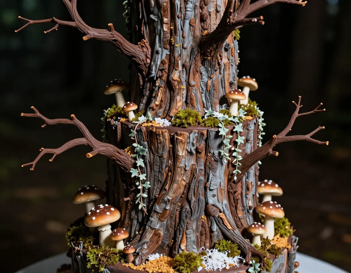 The mystical tree trunk tower with branches moss and sugar mushrooms