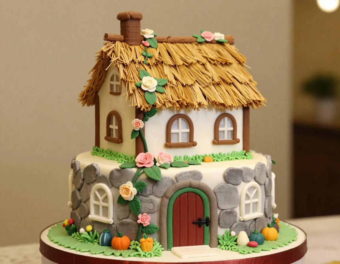 Fairy tale cottage cake with thatched roof stone walls and miniature garden