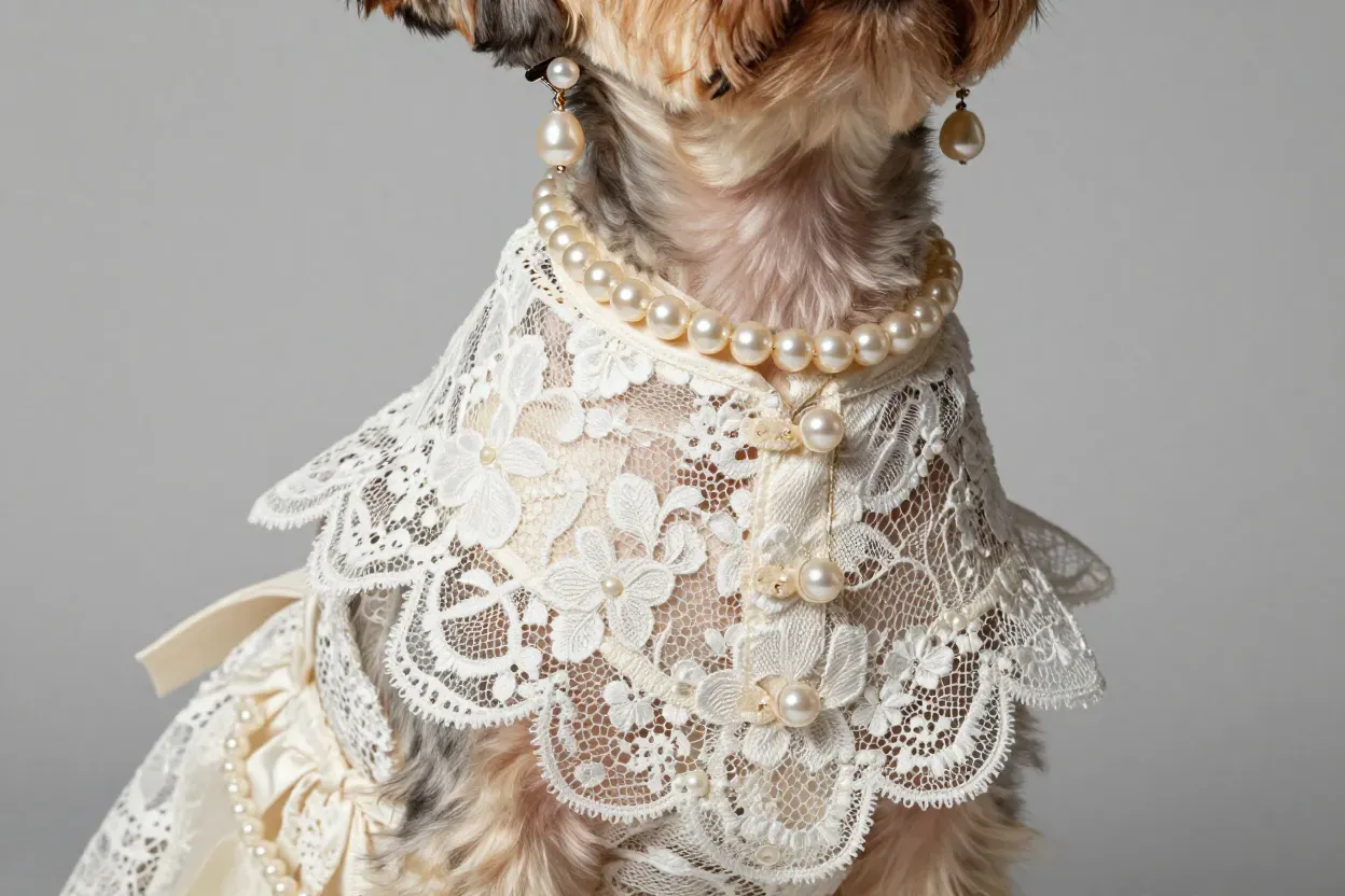 Vintage lace pearl ensemble dog studio portrait