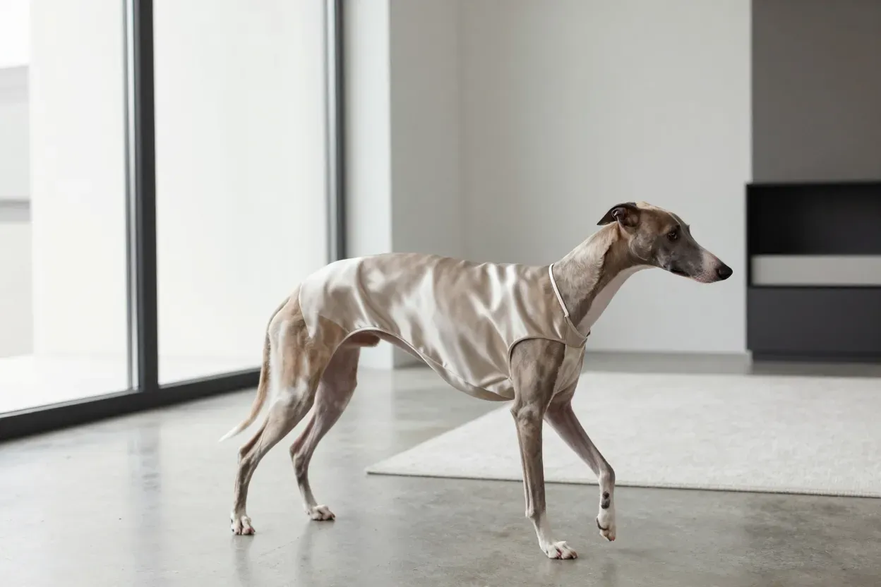 Modern minimalist silk slip dress sleek dog indoor