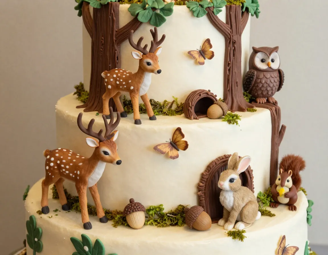 Woodland creature paradise with sugar deer chocolate owls and fondant rabbits